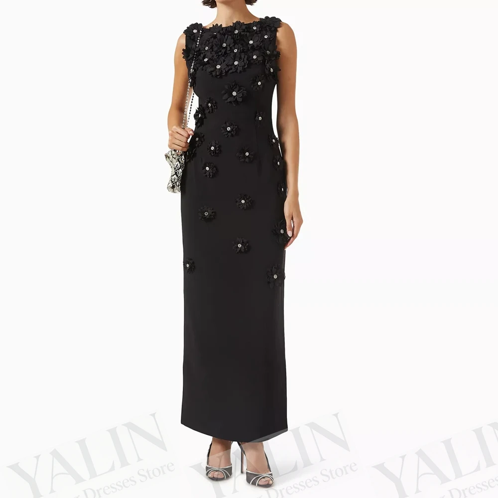 

Women's Straight Evening Dresses Ankle-length Boat Neck Sleeveless Prom Dresses Simple Fashion Flowers Customized Gowns