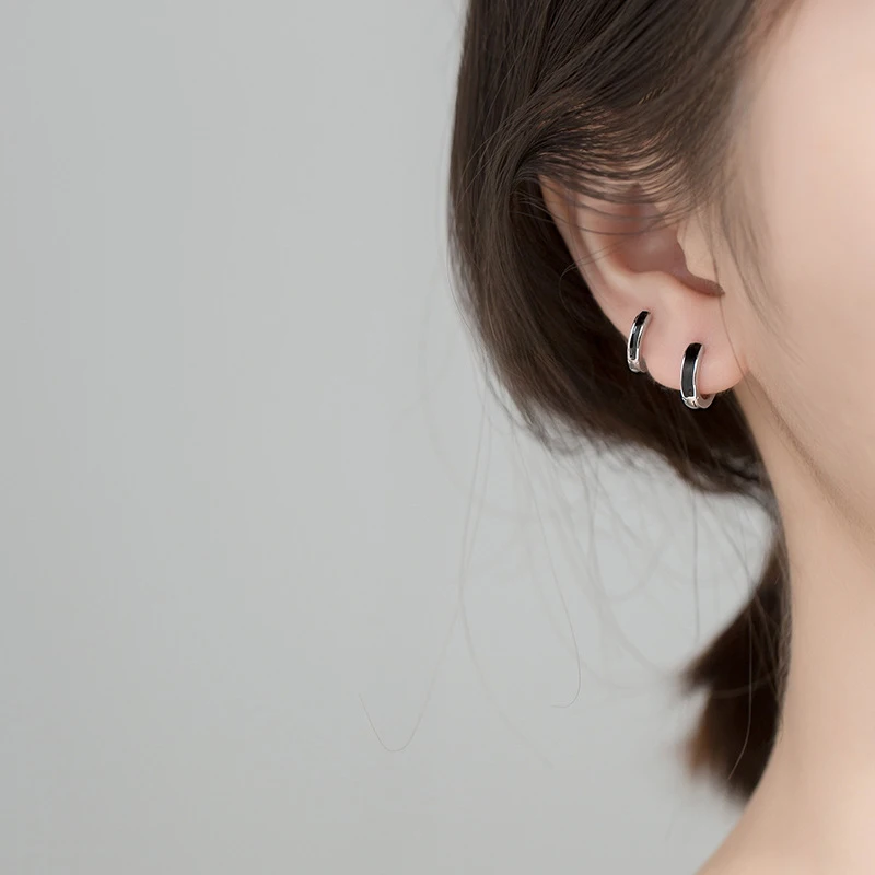 Modian New Black And White Enamel Fashion Hoop Earrings Classic Charm Elegant 925 Sterling Silver Jewelry For Women Girl Gift