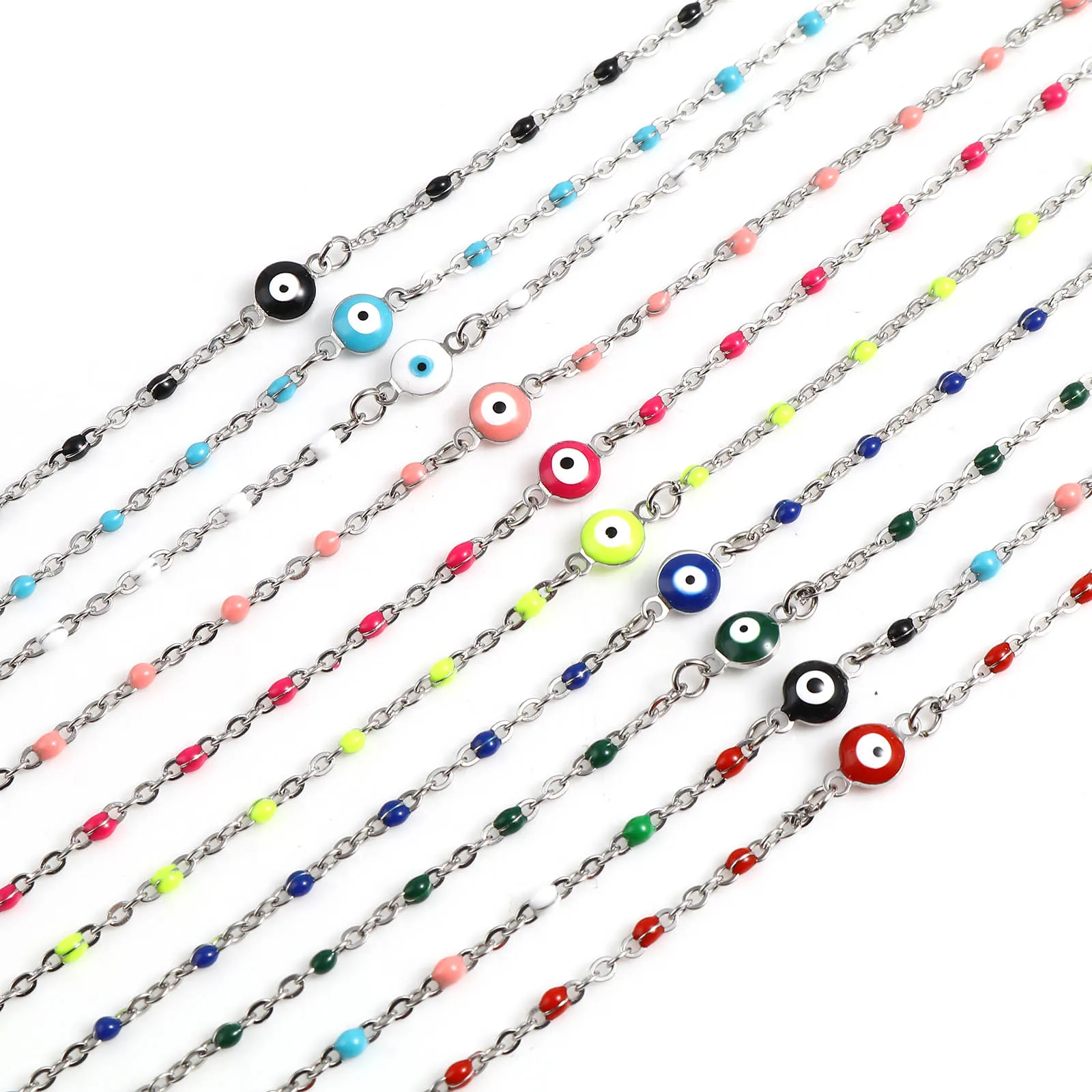 Stainless Steel Religious Link Cable Chain Bracelets Silver Color Multicolor Round Evil Eye Enamel 17.5cm(6 7/8