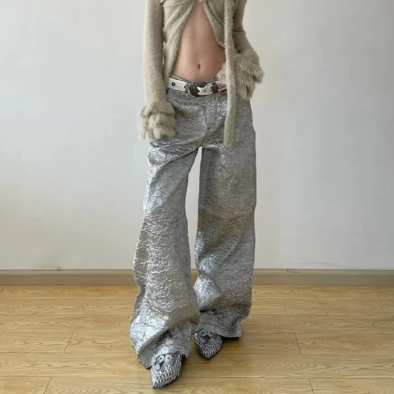 E-girl  Japanese Y2k Silver Baggy Pants Vintage Reflective Cargo Pant Grunge Aesthetics Pleated Wide Leg Trouser American Retro