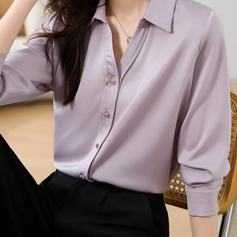 Women Fashion Solid Long Sleeve Shirts Spring Autumn Casual Loose Elegant Blouse Turn-down Collar Button Cardigan Tops