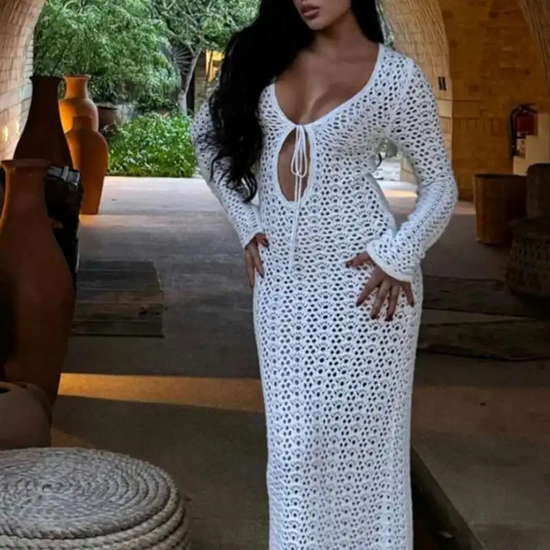ファッション V ネックレーススリムマキシドレス夏長袖中空ニットビーチドレス無地日焼け止めカバーアップ水着