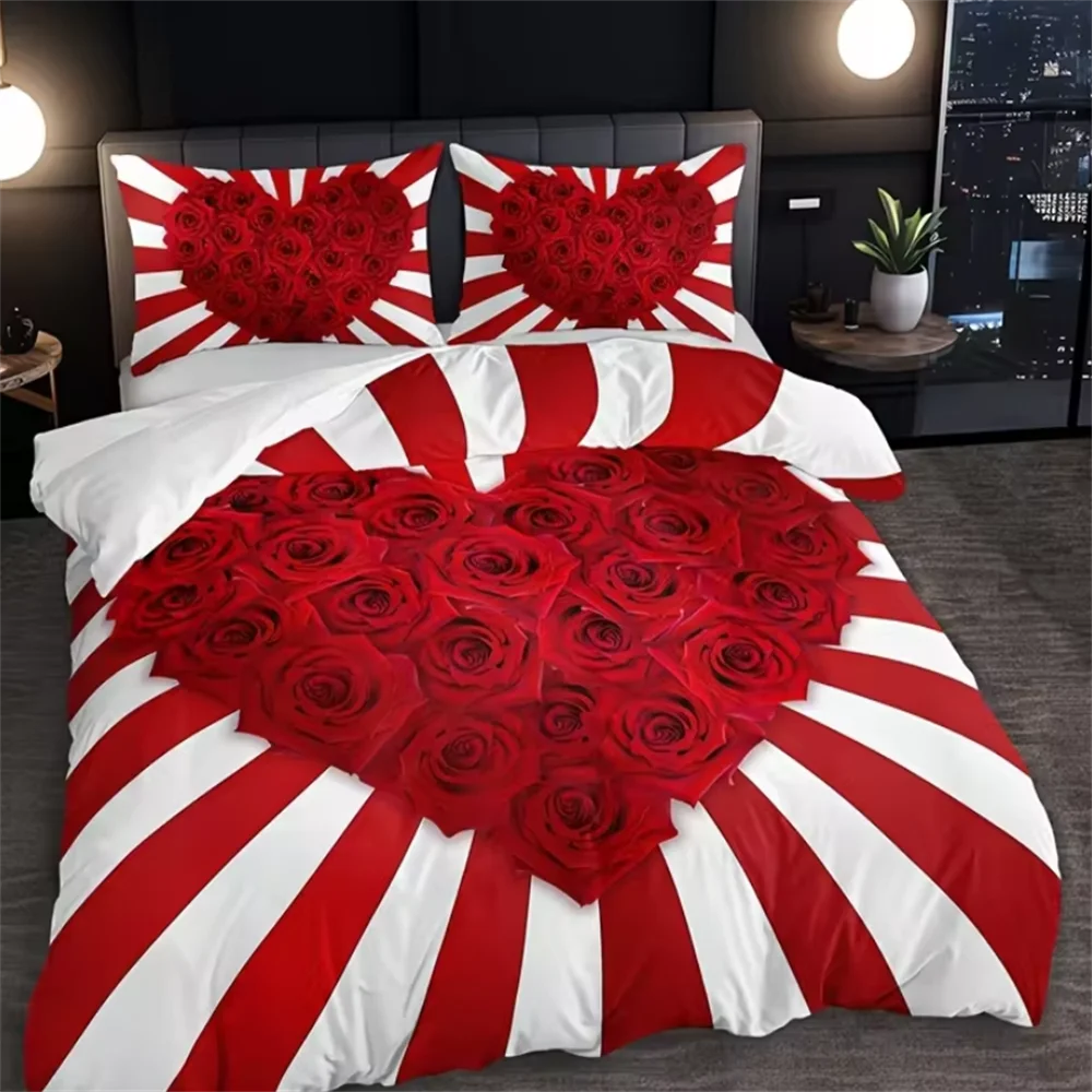 3pcs Romantic Red Love Rose Duvet Cover Set - Soft, Comfortable Perfect for Valentine's Day,Home,Dormitory,and Romantic Bedrooms