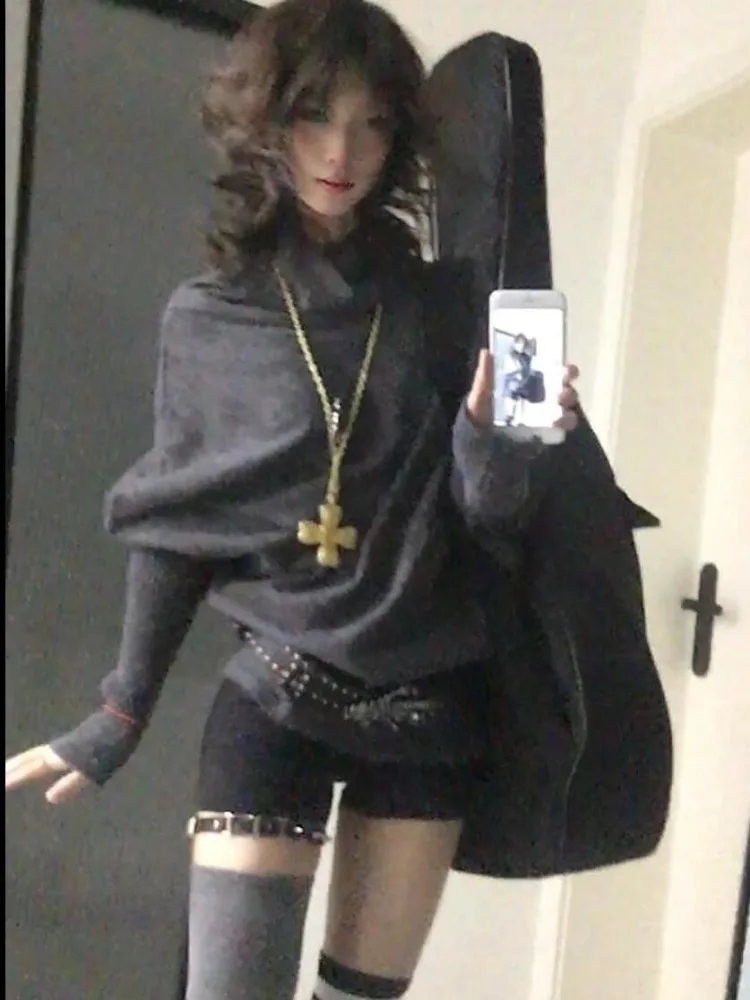 

Deeptown Y2k Asymmetrical Women Sweaters 2000s Korean Fashion Batwing Sleeve Gray Jumpers Casual Long Sleeve Knitted Pullovers