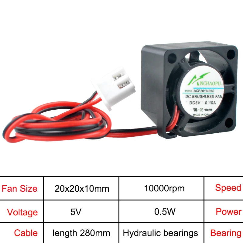 Mikro wentylator chłodzący ACP2010 2cm 20mm 20x20x10mm DC5V 12V 24V 0.10A 2-pinowy do drukarki, zasilacza, Raspberry Pi — zdjęcie produktu 4