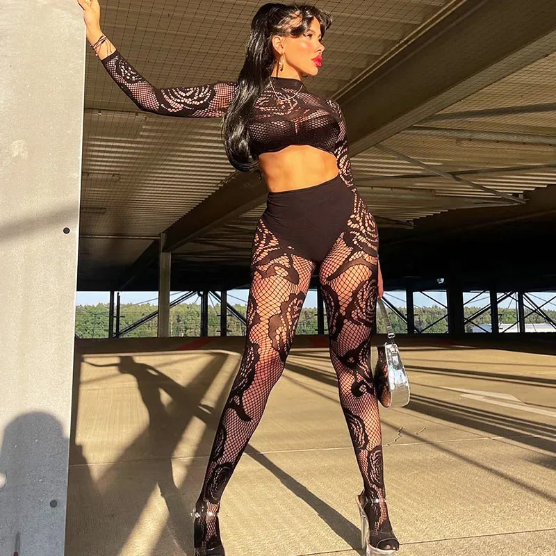 Sexy Floral Knit Hollow Out Night Club Outfit Women Two Piece Set Y2K See-Through Long Sleeve Crop Top and Pants Matching Sets