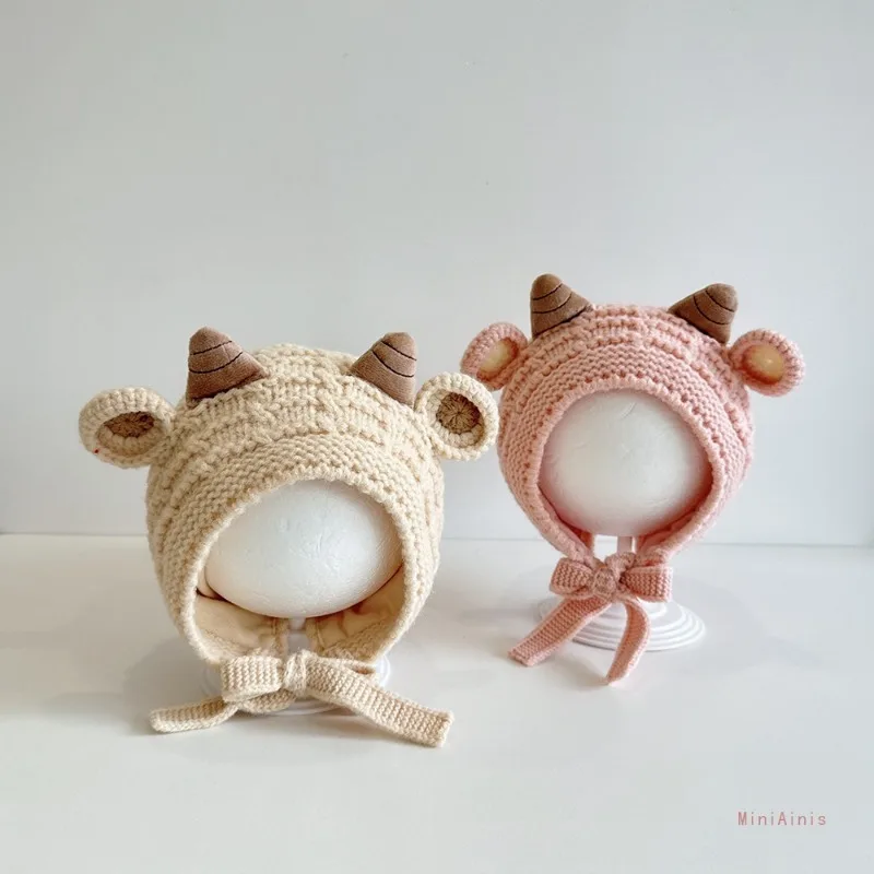 Baby Girl Warm Winter Hat 46-50cm  Windproof Kids Thick Cute Sheep Earflap Knitted Cap Toddler Beanie Snow Outdoor Cold Proof