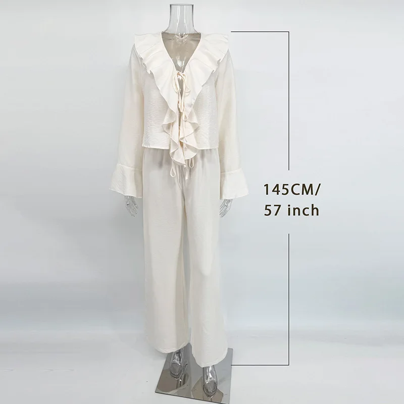 Trendy Womens Two Piece Set V Neck Long Sleeve Tee High Waist Wide Leg Pants Lace Up Detail Casual Loose Suit Solid Color