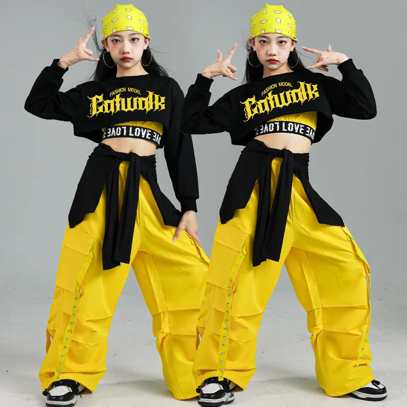 Kid Hip Hop Clothing Black Sweatshirt Yellow Crop Tank Top Casual Strap Cargo Pants for Girl Jazz Dance Costume Clothes Outfits