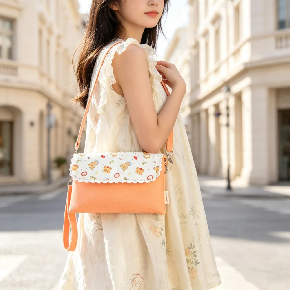 Korean Style Bear Print Small Shoulder Bags Canvas Mobile Phone Bag Mini Female Messenger Purse Lady Travel Wallet CrossBody Bag