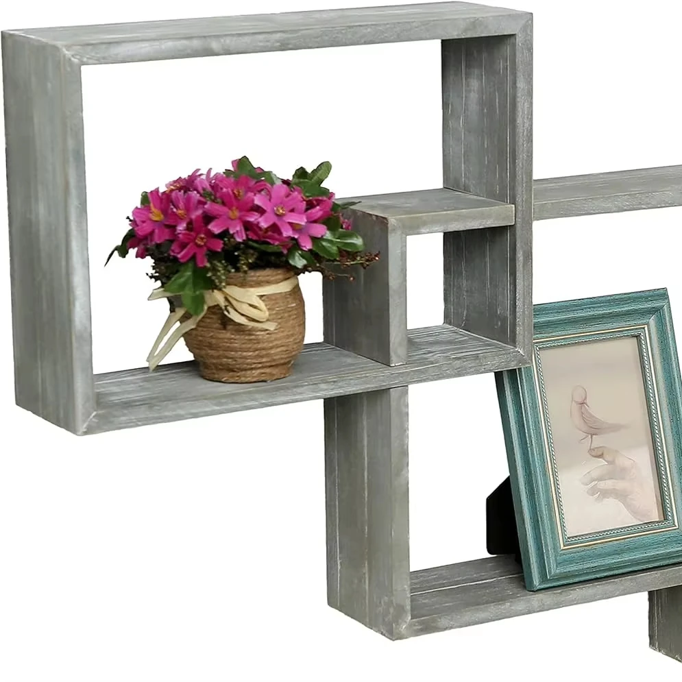 Wall Mounted Weathered Gray Wood Interlocking Floating Shelves, Shadow Box Display Wall Shelf, Set of 3
