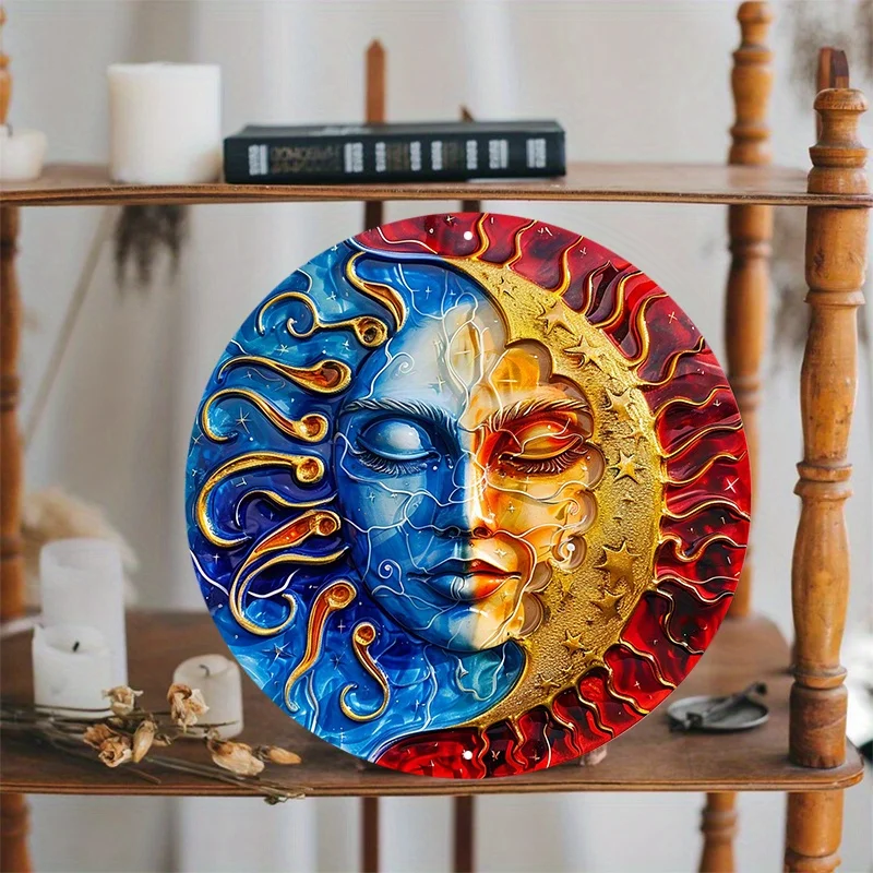 Sun and Moon Metal Wall Art Decor, Decorative Round Aluminum Sign with Pre-drilled Holes, High Definition Printing Textured