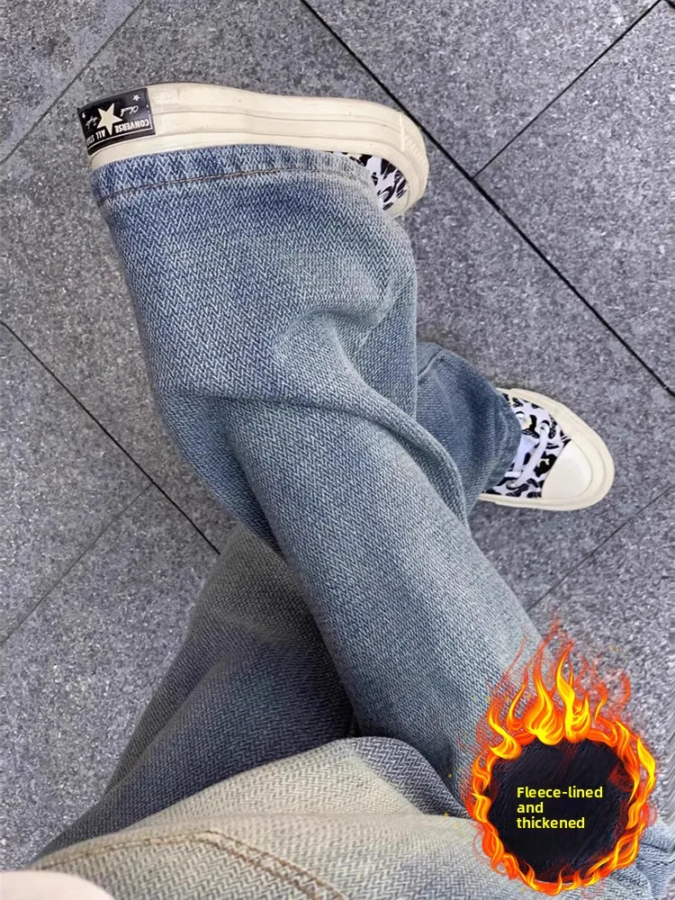 

Retro High Waist Fce Lined Wide Leg Jeans Women plus Size Loose Fit Plaid Pants Spring Slimming Trousers for Pear aped Body