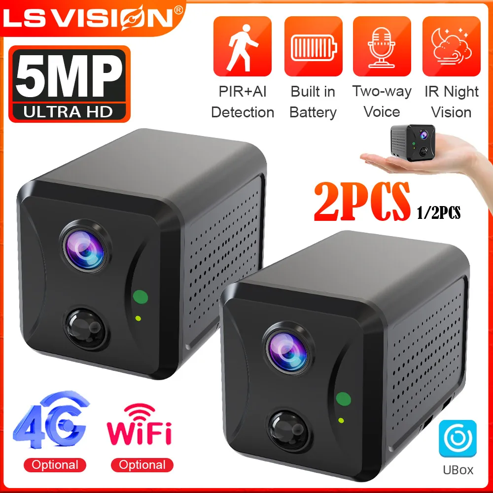 2PCS LS VISION 5MP Mini Camera 4G/WiFi Security Camera 2400mAh Indoor Home Surveillance Cam PIR Human Motion Auto Tracking Ubox