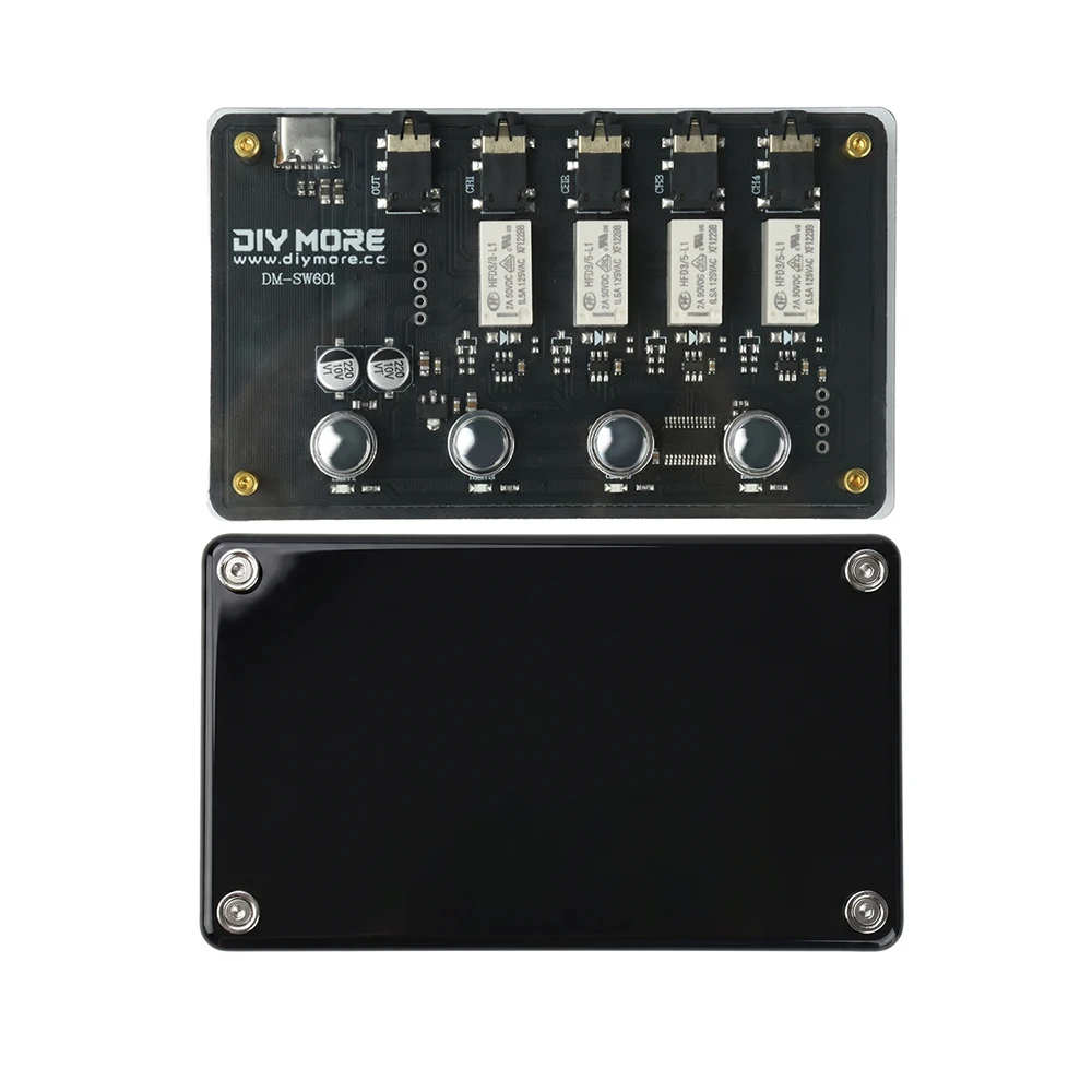 DM-SW601 4-Channel Audio Switcher, 4-Input 1-Output AUX 3.5mm Audio Switcher, Type-C Port, Compatible with Computers, TVs, etc.