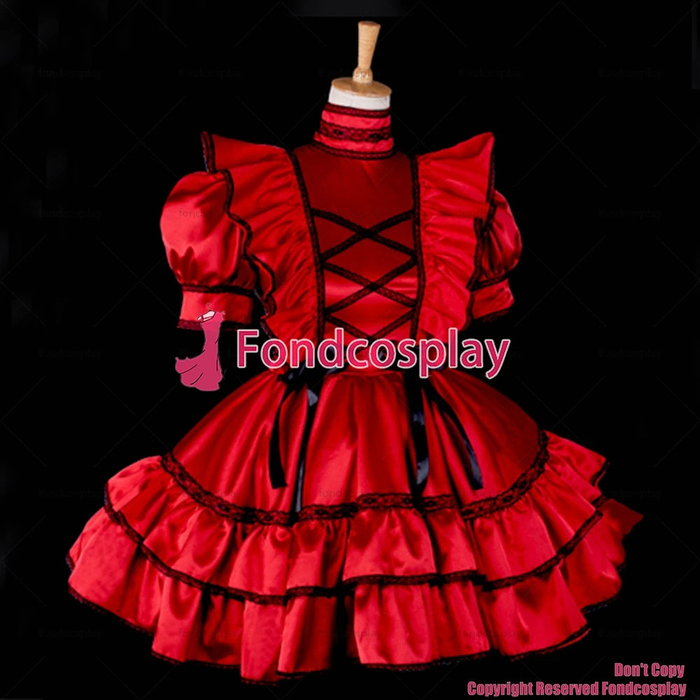 fondcosplay adult sexy cross dressing sissy maid short Lockable Red Satin Uniform Dress Cosplay Costume Custom-made[G789]