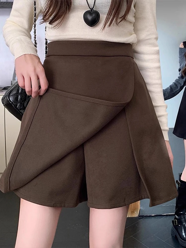 plus Size Autumn Winter Short A-Line Skirt in  Brown Woolen Material Korean Style High Waist Commute Scene Women's S...