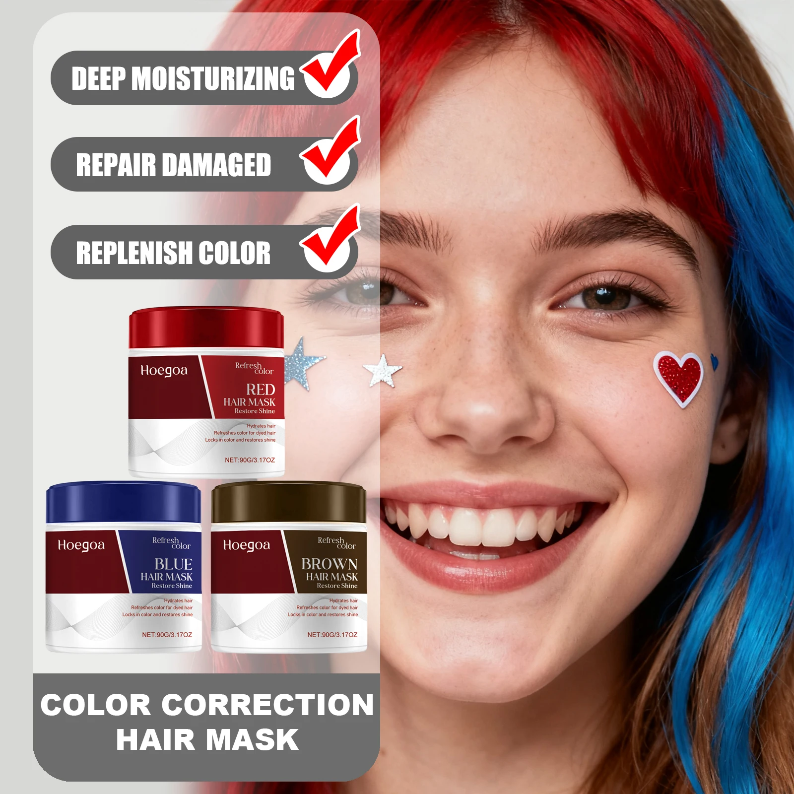 

HOEGOA Red/Blue/Brown Correction Hair Mask Deeply Moisturizing Improve Roughness Repair Damaged Hair Replenish Faded Color
