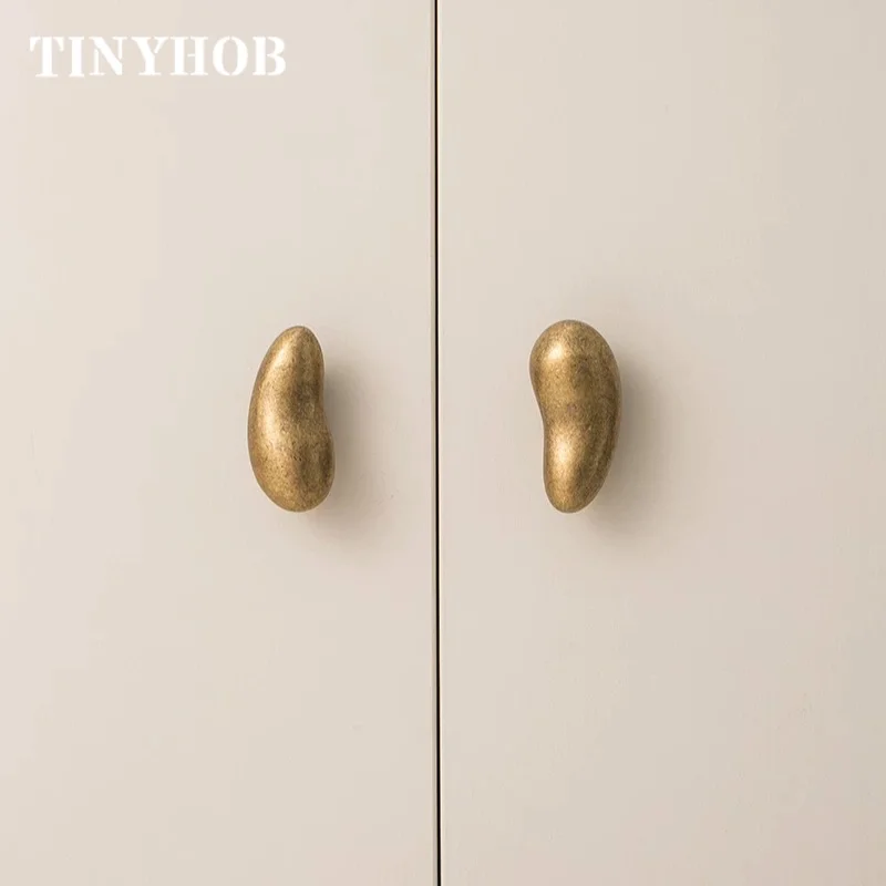 Tinyhob Solid Brass Antique Bronze Irregular Stone Cabinet Knobs Bean Shape Drawer Pulls Minimalist Cupboard Furniture Handles