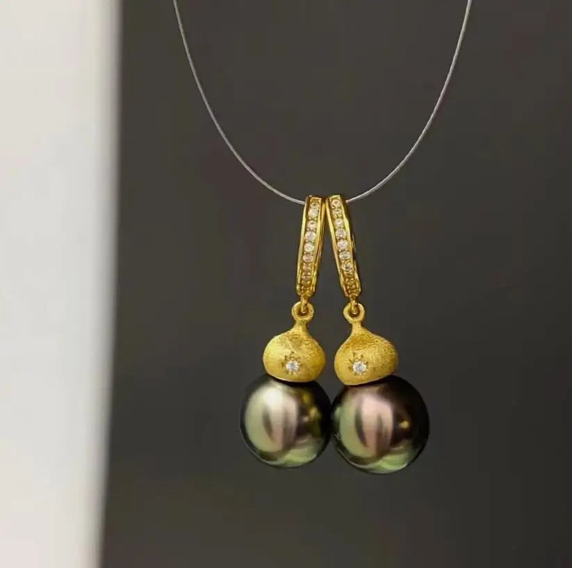 

stunning 9-10mm tahitian round black green pearl dangle earring 925s