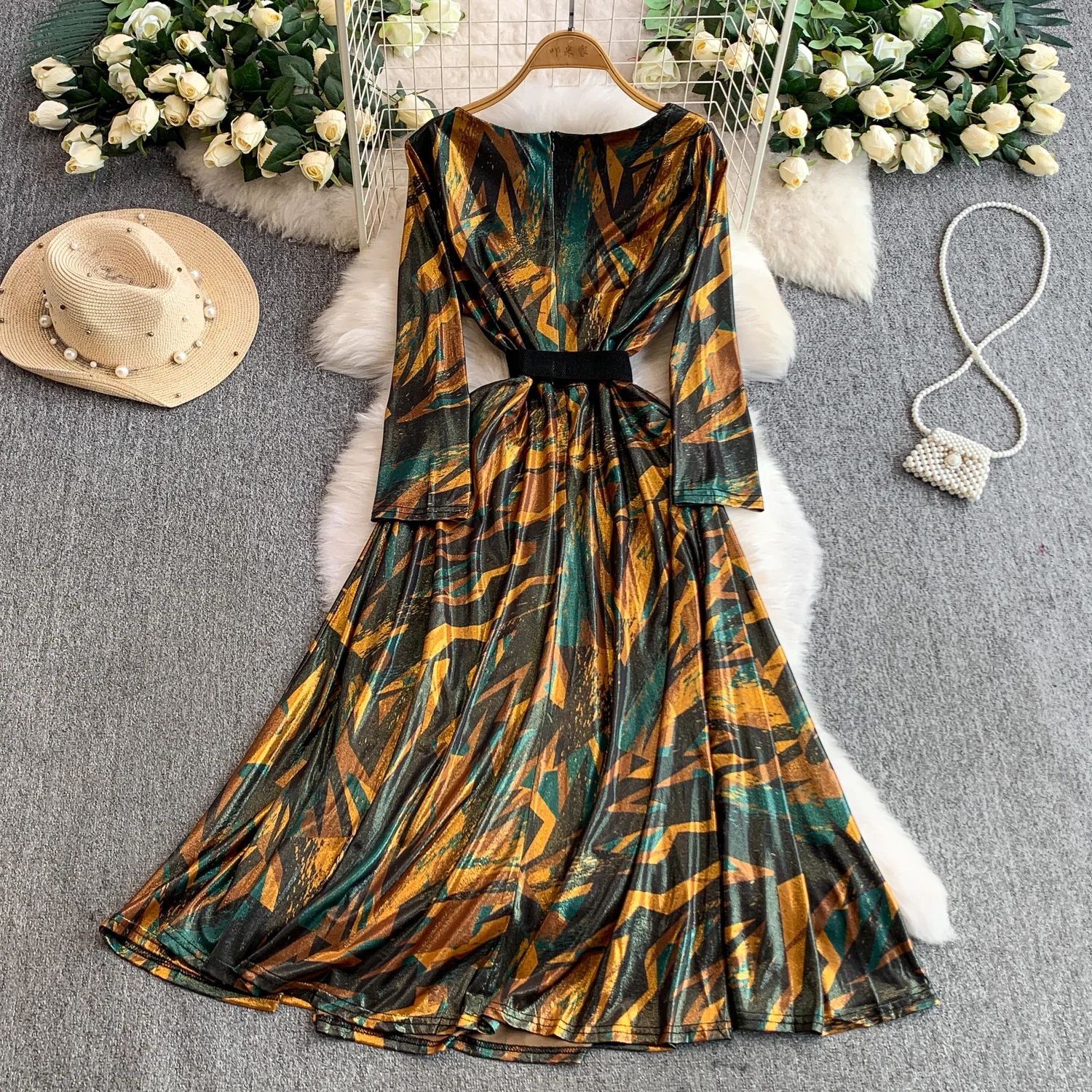 Abito slim con stampa in chiffon a maniche lunghe vintage chic Elegante fata moda coreana Boho Sundress abbigliamento donna