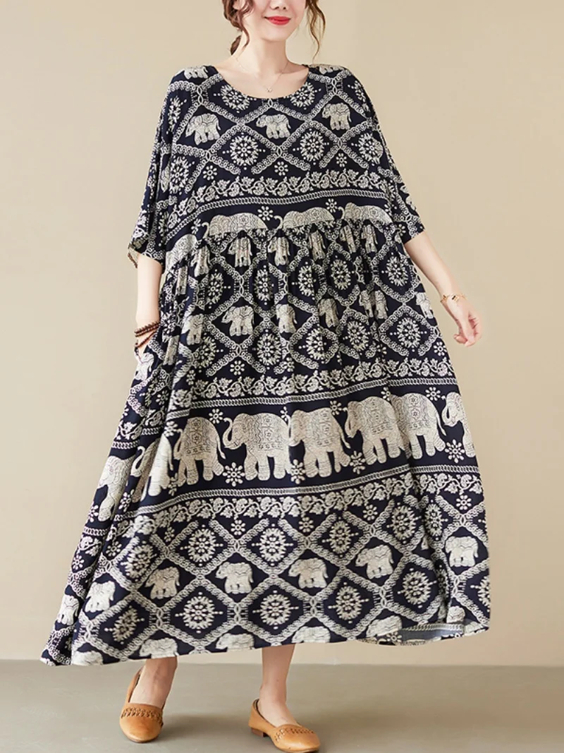 Summer Loose Silken Floral Long Dr Vintage A-Line Skirt Women's plus Size Clothing Comfortable Wide Hemline Retro Sle