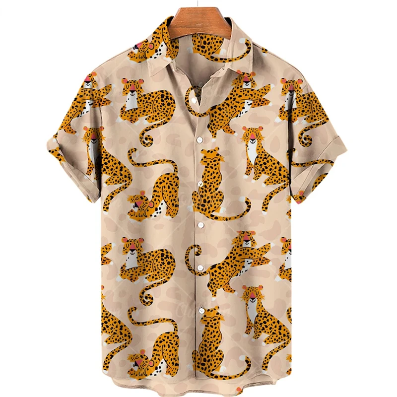 Cartoon Animals Pattern Summer Men\'s Shirts Casual Oversized Short-sleeved Fashion Leopard Print Blouses Trend Lapel Camisa Tops