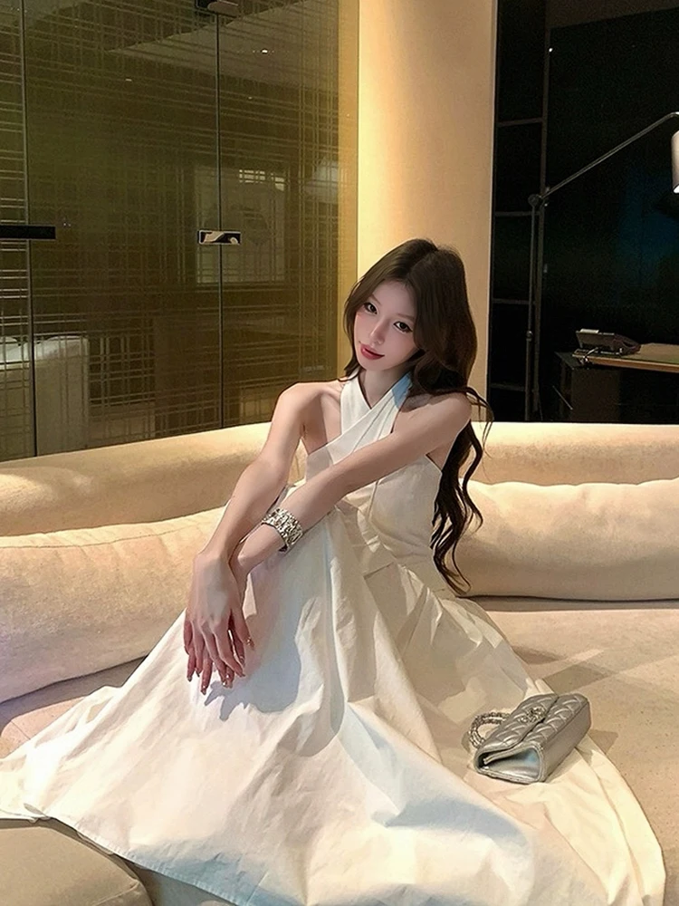 RORIRI الصلبة عبر فستان الرسن المرأة Strappy خارج الكتف مفتوحة الظهر Shiring ألف خط فستان طويل ملابس الصيف الكورية