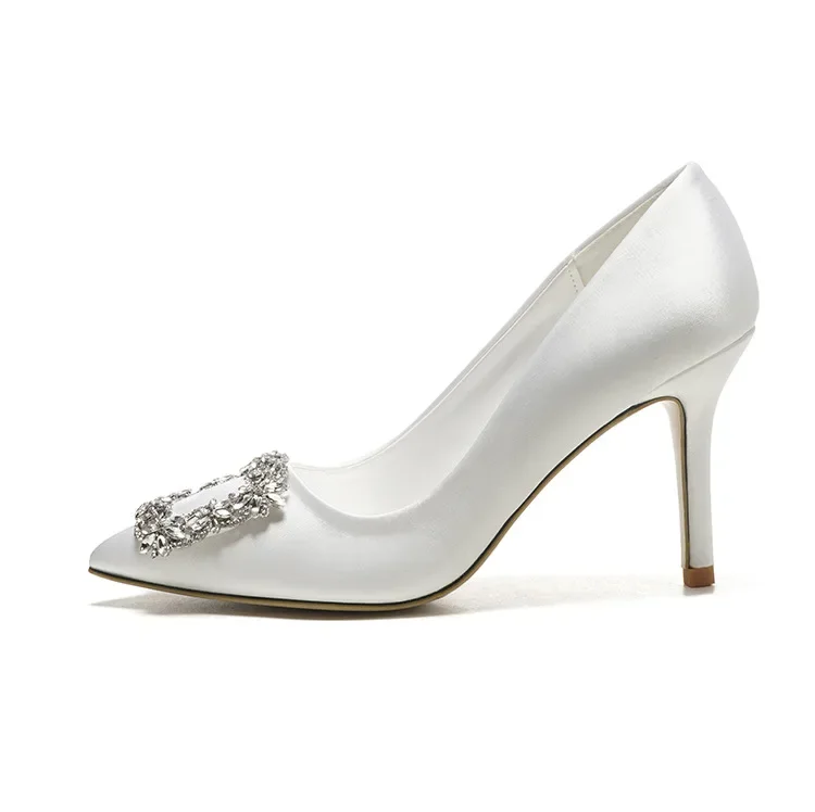 Korean Style Pointed High Heel White Wedding Shoes Rhinestone Bridal Shoes Small Size Shoes 33-43 Sizes Dress Party Shoes