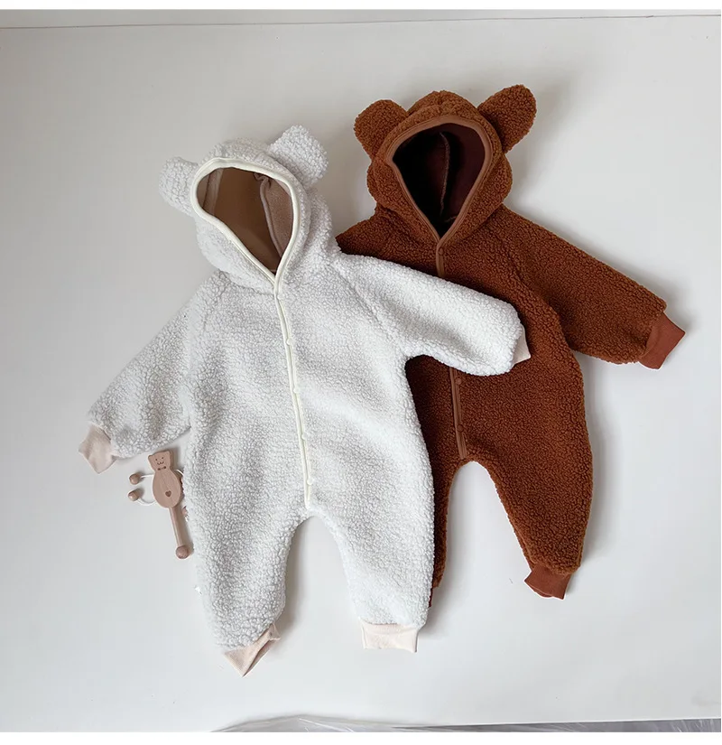 

2025 Winter New Baby Warm Lamb Fleece Romper Plus Velvet Thick Newborn Long Sleeve Hooded Jumpsuit For Boy Girl Fleece Clothes