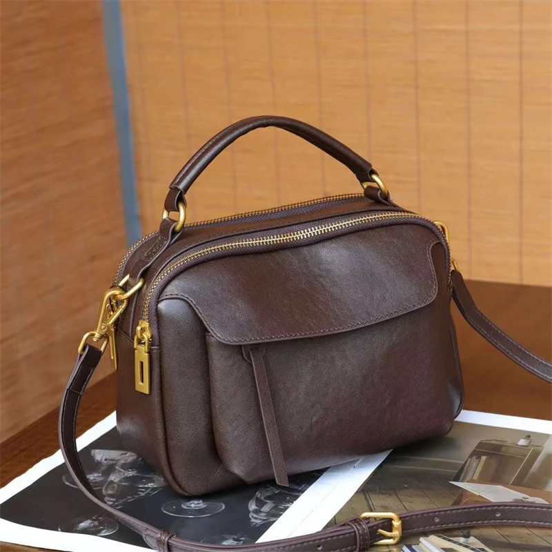 

Hifashion Vintage Genuine Leather Tote Handbags For Women 2025 Luxury Designer Boston Satchel Box Ladies Shoulder Crossbody Bags