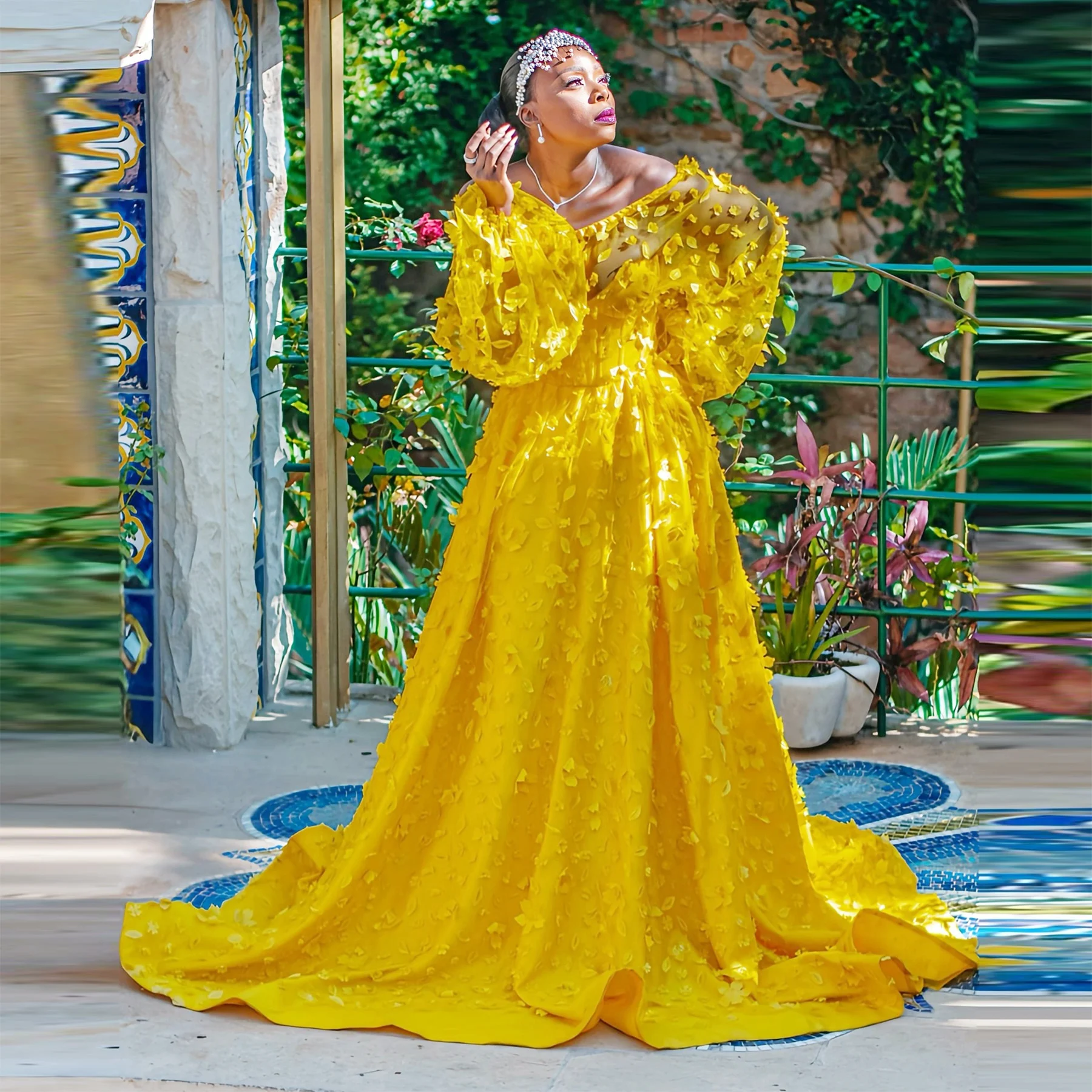 

Yellow Sheer Neck Off The Shoulder Prom Dress Puffy Long Sleeves A Line Evening Gowns With 3d Appliques African Party Dress