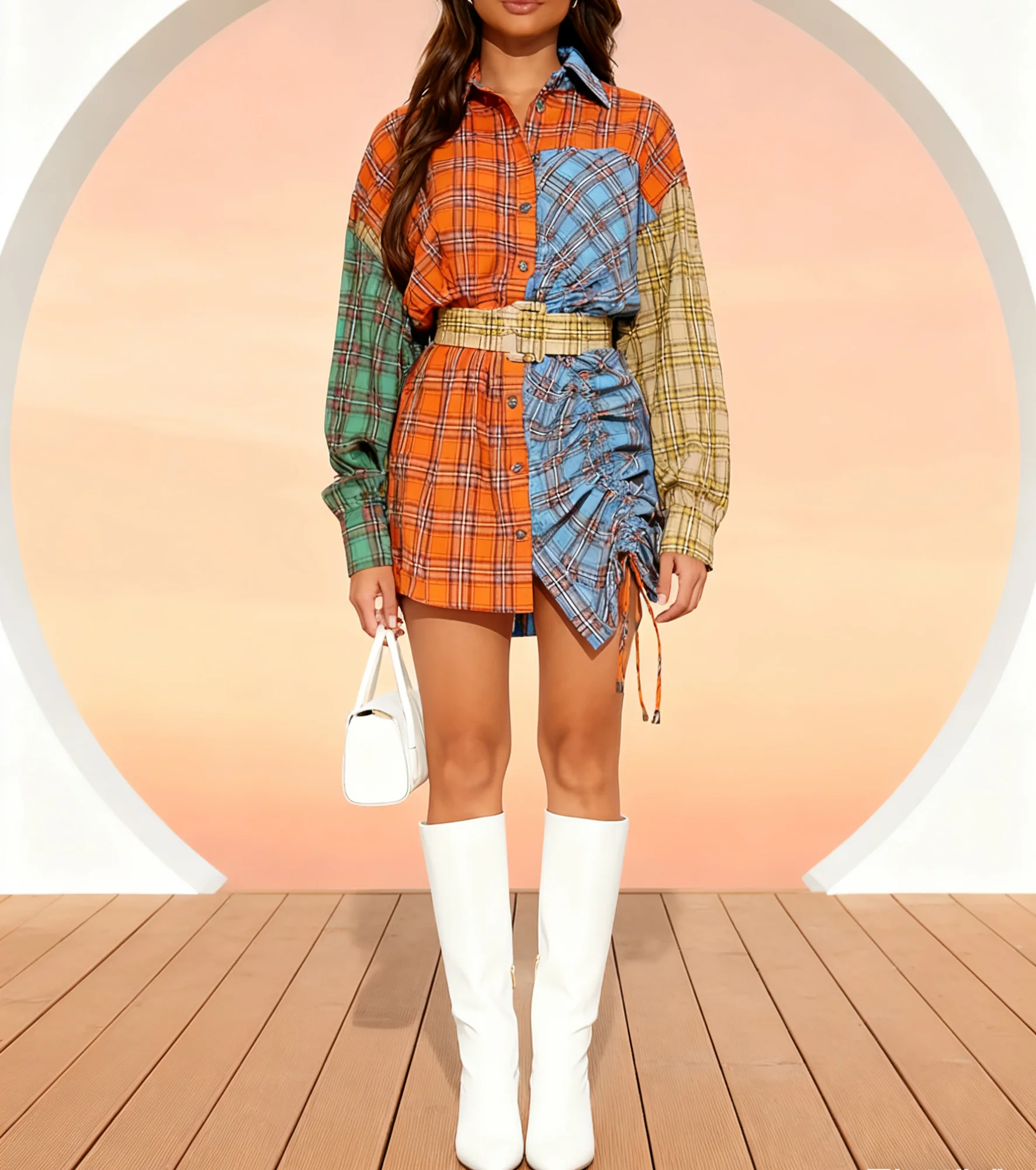 Abito camicia da donna, nuovo mini abito scozzese color block autunno/inverno - arancione/colori misti