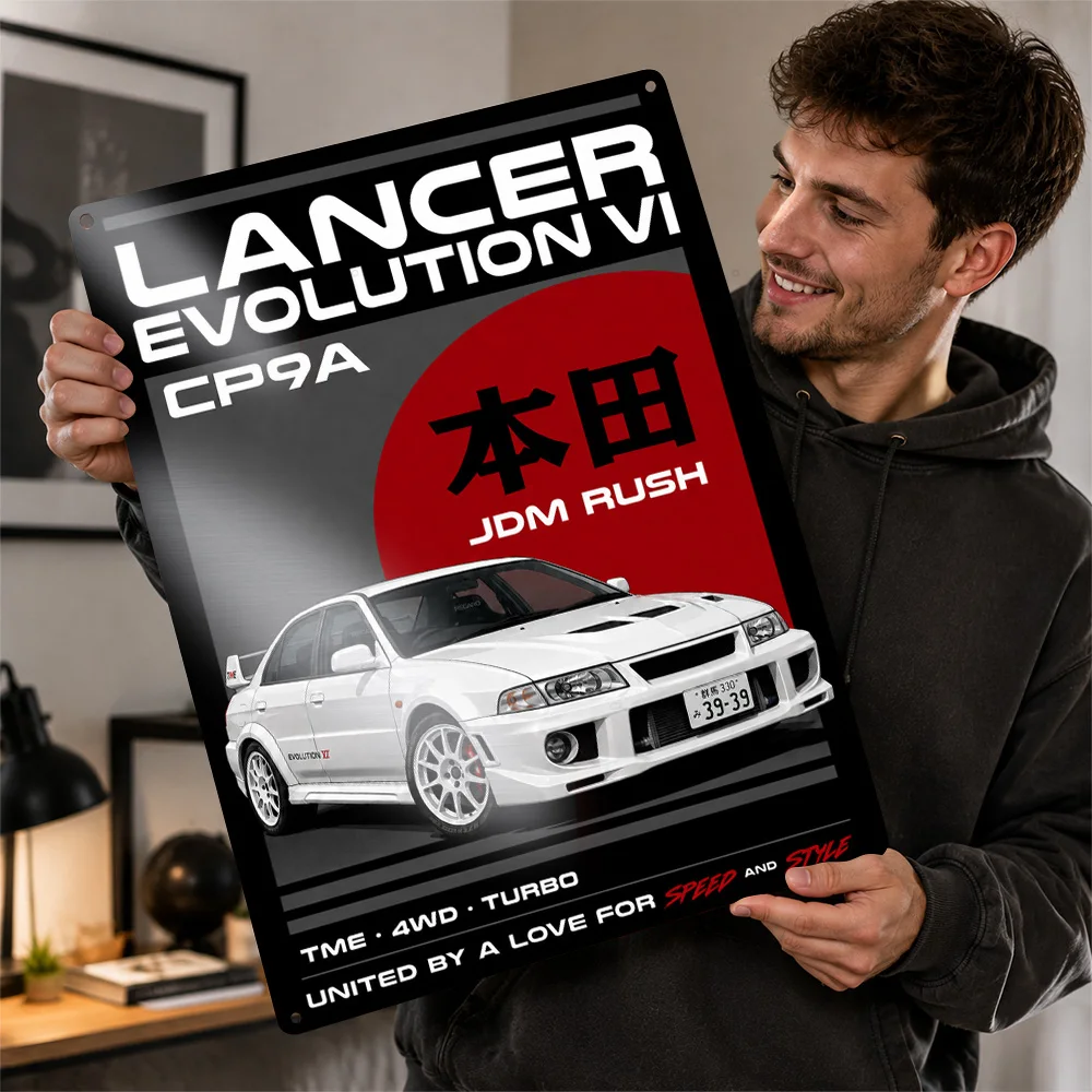 Japan Lancer Evolution VI TME CP9A Scotia White Rally Car Textured Poster Customized Metal Tin Sign Wall Art Perfect For Home
