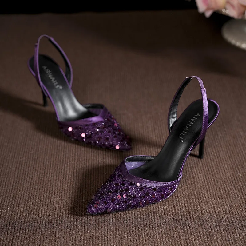 

Женские летние босоножки на высоком каблуке на шпильке с блестками, одно слово с заостренной сумкой на голову, сандалии с ремешком на спине