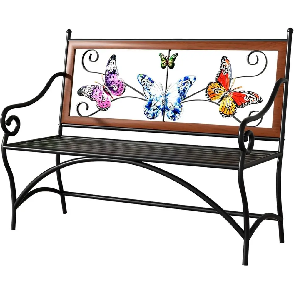 

Black Cast Iron Outdoor Patio Bench with Slatted Seat and Butterfly Backrest for Garden, Porch, and Balcony