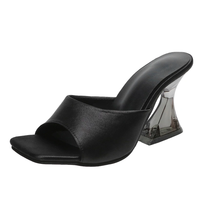 Summer Green Women\'s Shoes Slippers Silky Wide Band Transparent Strange High Heels Comfortable PU Leather Slides Sandals Pumps