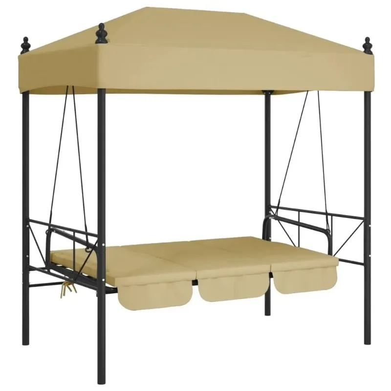 *for3-Seat Convertible Bed Swing Bench with UV-Protected Canopy Sand Steel Frame Spacious Polyester Outdoor Patio Swing Bed Brow
