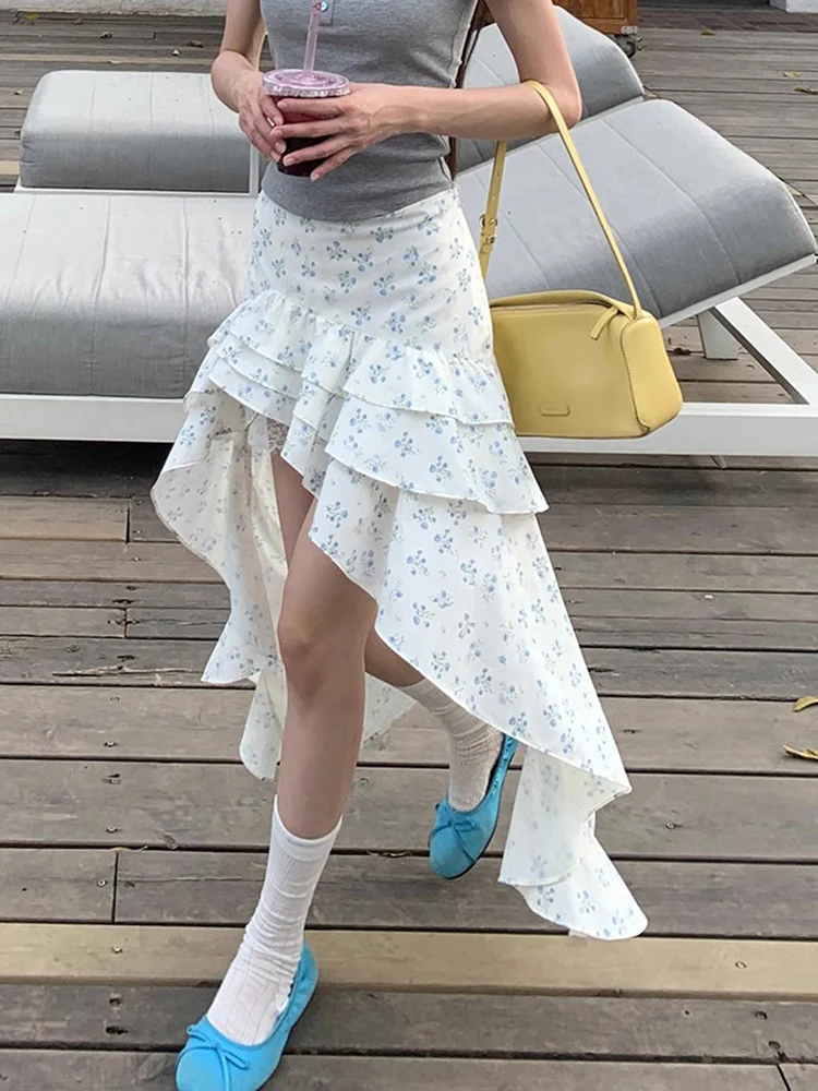 

Нежная цветочная юбка А-силуэта с оборками для женщин, летняя, для пляжного отдыха, с высокой талией, облегающая, повседневная