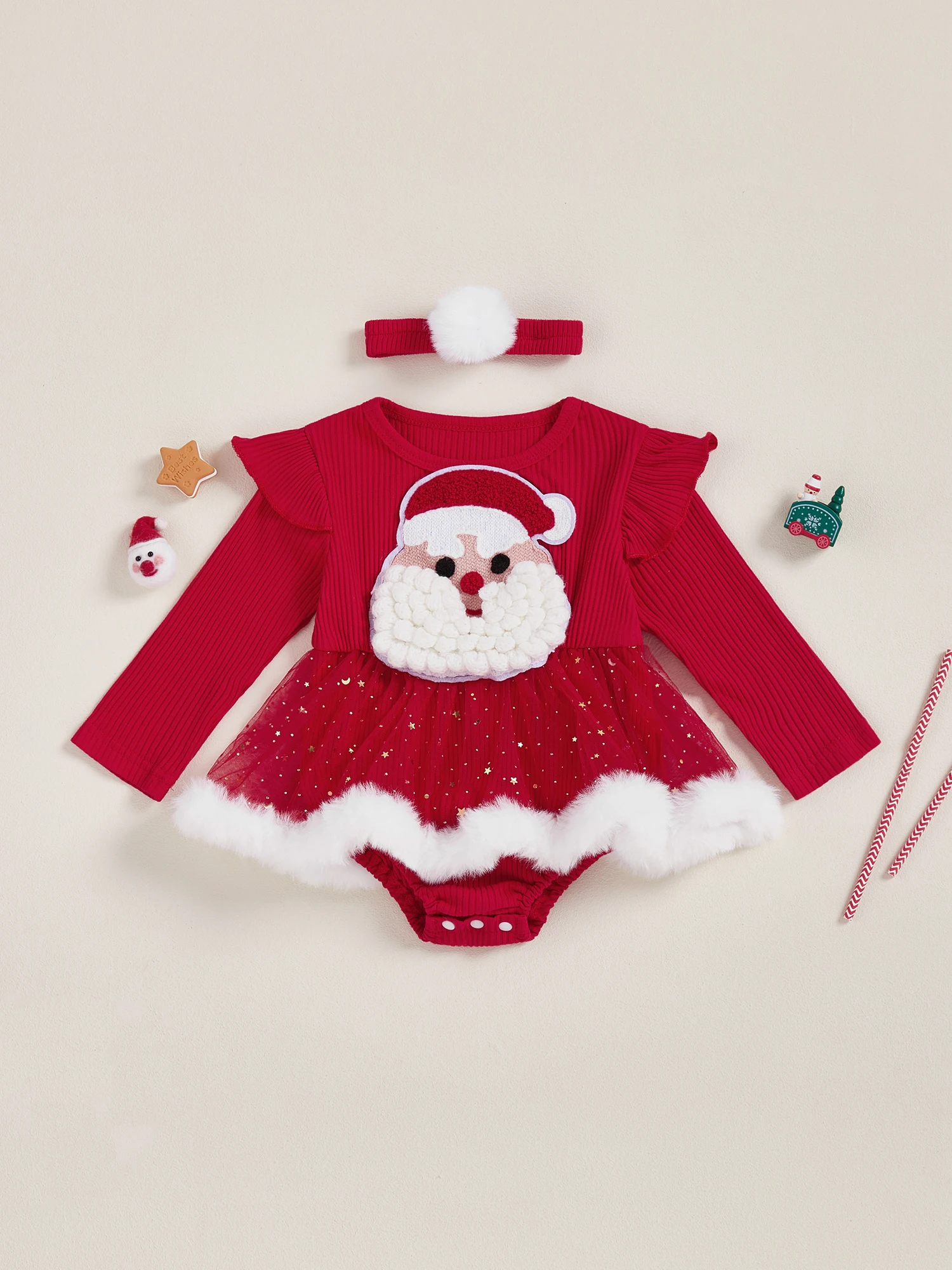 

Infant Girls Holiday Romper with Festive Santa Embroidery Long Sleeves Sequin Star Print and Matching Headband