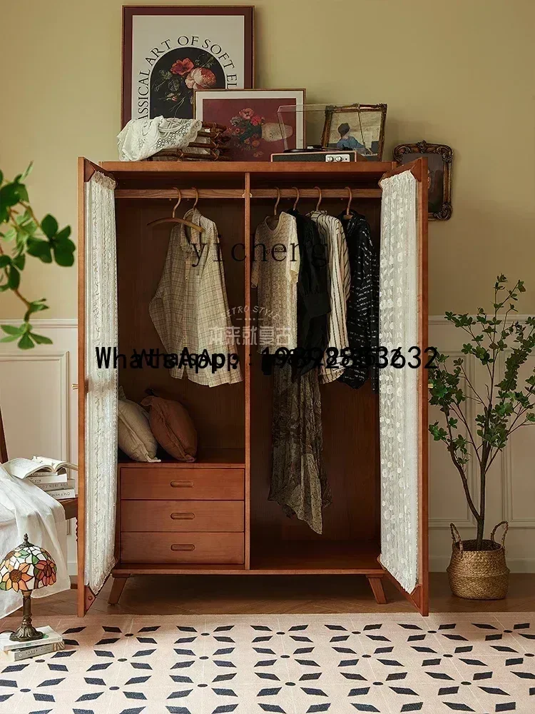 G1   French solid wood wardrobe double door gauze curtain glass cabinet bedroom storage large wardrobe combination