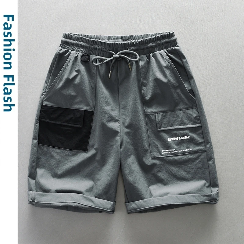 2024 Summer Shorts Quick Drying  Loose Cargo Casual Patchwork Shorts Men Clothing Straight Drawstring Big Pockets Men Pants