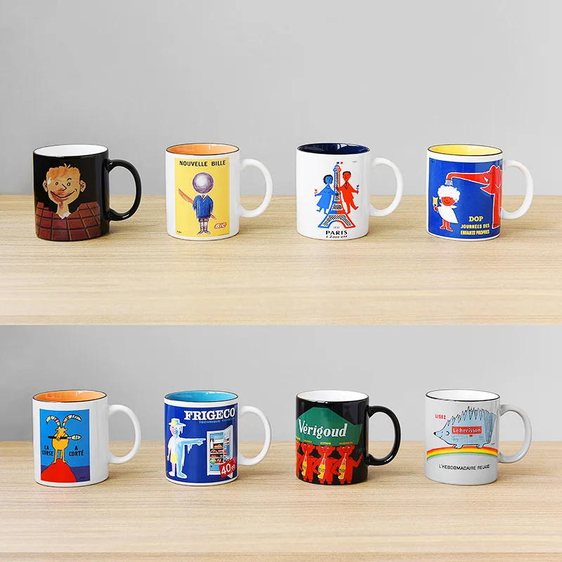 Japan imported Mino burning French poster style cute cartoon printed ceramic mug colored water cup.