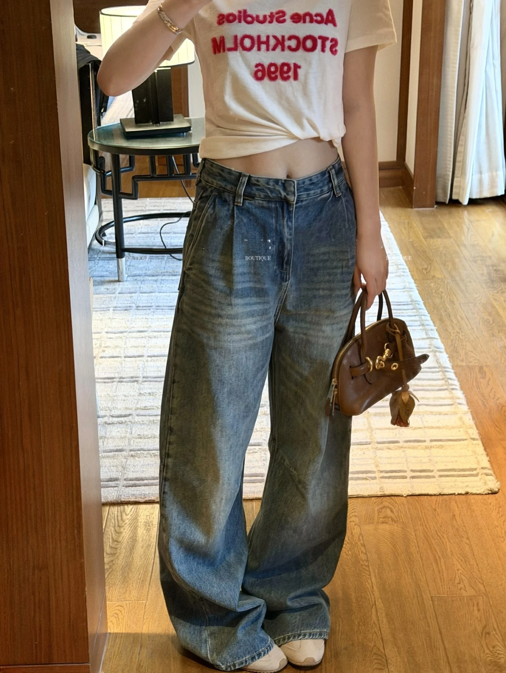 

Retro Waed Loose Wide Leg Jeans mid High Waist Slimming Effect Cotton Spring Season Ladies Casual Faion