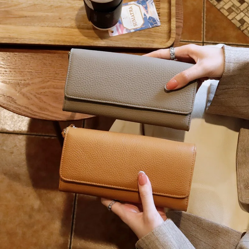 Women Genuine Leather Wallet Solid Minimalist Long Foldable Money Clip Portable Wristlet Large Capacity Card Holder Coin Purse