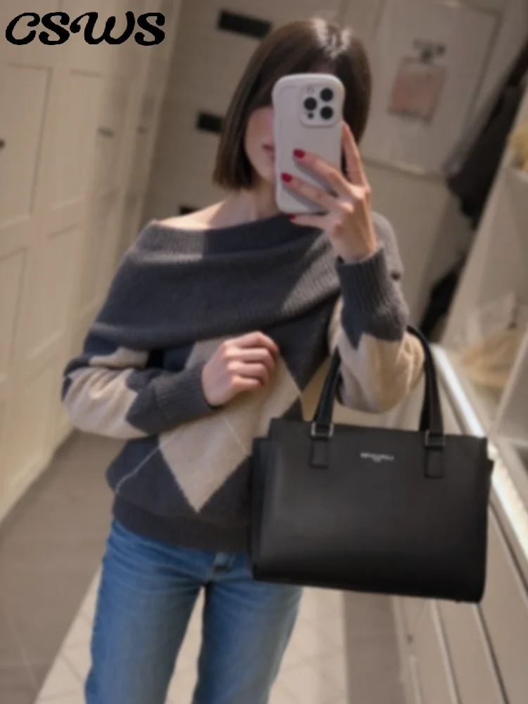 

Повседневный вязаный женский свитер с открытыми плечами и принтом, свободный женский трикотаж с длинными рукавами, осень-зима 202, модная женская верхняя одежда