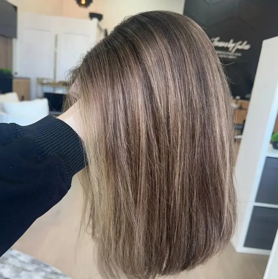 

Soft Preplucked Ash Blonde Brown 16Inch 180Density Straight Lace Front Wig Synthetic With Baby Hair Glueless Daily Wear Wigs