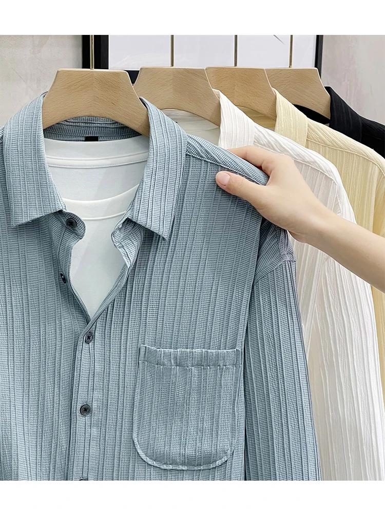 

Textured Stripe Long Sleeve Men's Shirt Spring Autumn Korean Style Lazy Design Luxury Outerwear Casual Fashion Youth Popular