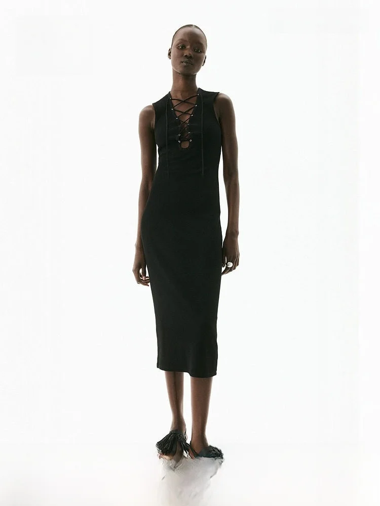 

Модное повседневное платье с ребристой отделкой и поясом H&M, весна-лето-осень, элегантное однотонное платье миди, облегающий силуэт