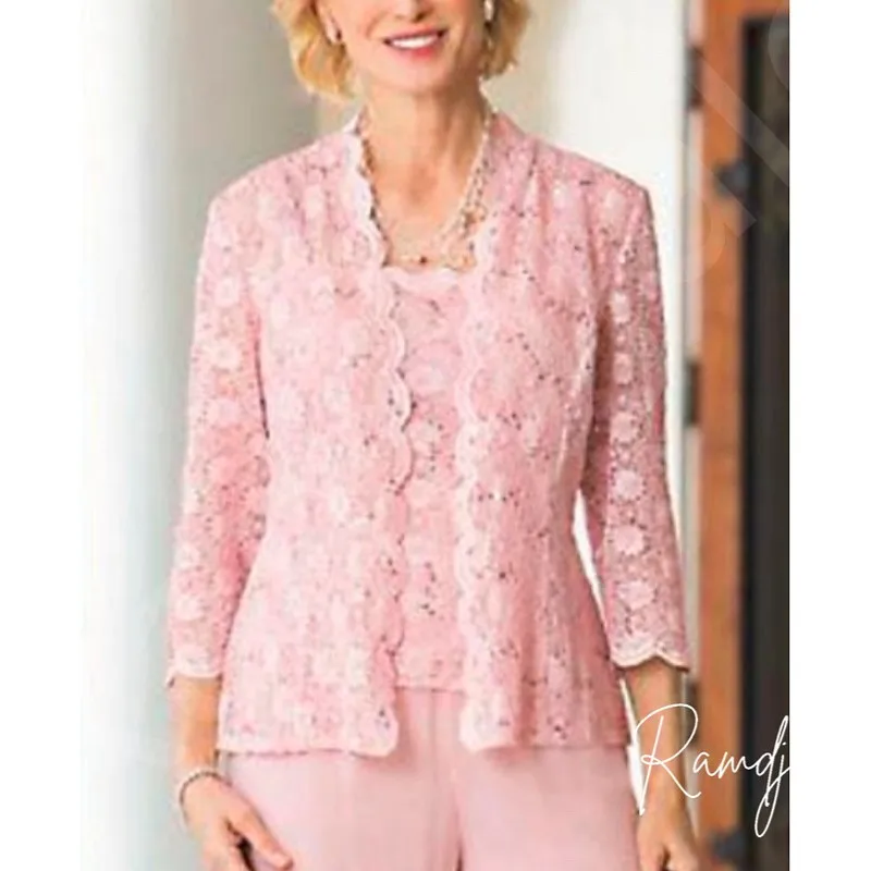 Customized Pink Lace Mother of the Bride Pantsuit with Three Quarter Sleeves Loose Fit Pants Wedding Special Occasion 3-Piece